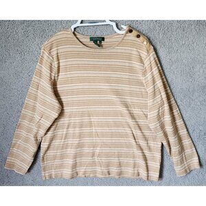 Ralph Lauren LRL Womens Long Sleeve Top Button Shoulder Tan Striped Plus Size 3X